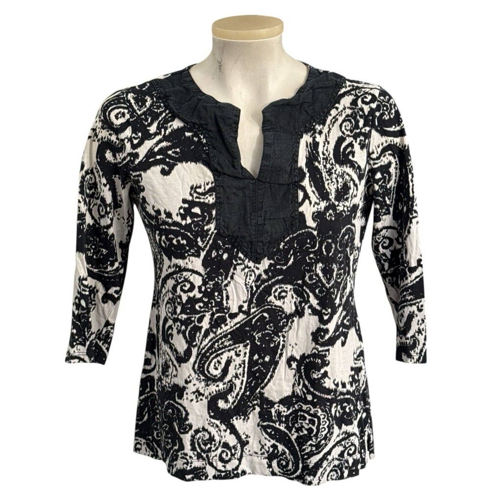 Ralph Lauren LRL Women's S 3/4 Sleeve Split Neck Cotton Top Black White Paisley